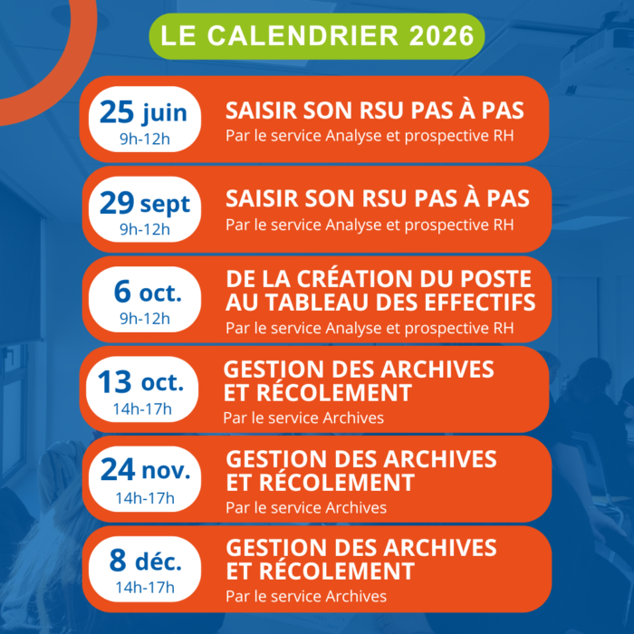 Le calendrier 2026 :
25 juin et 29 septembre de 9h à 12h : saisir son RSU pas à pas par le service Analyse et prospective RH
6 octobre de 9h à 12h : de la création du poste au tableau des effectifs par le service Analyse et prospective RH
13 octobre, 24 novembre et 8 décembre de 14h à 17h : gestion des archives et récolement